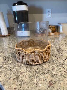 Glass Candle Holder with Woven Rattan Base